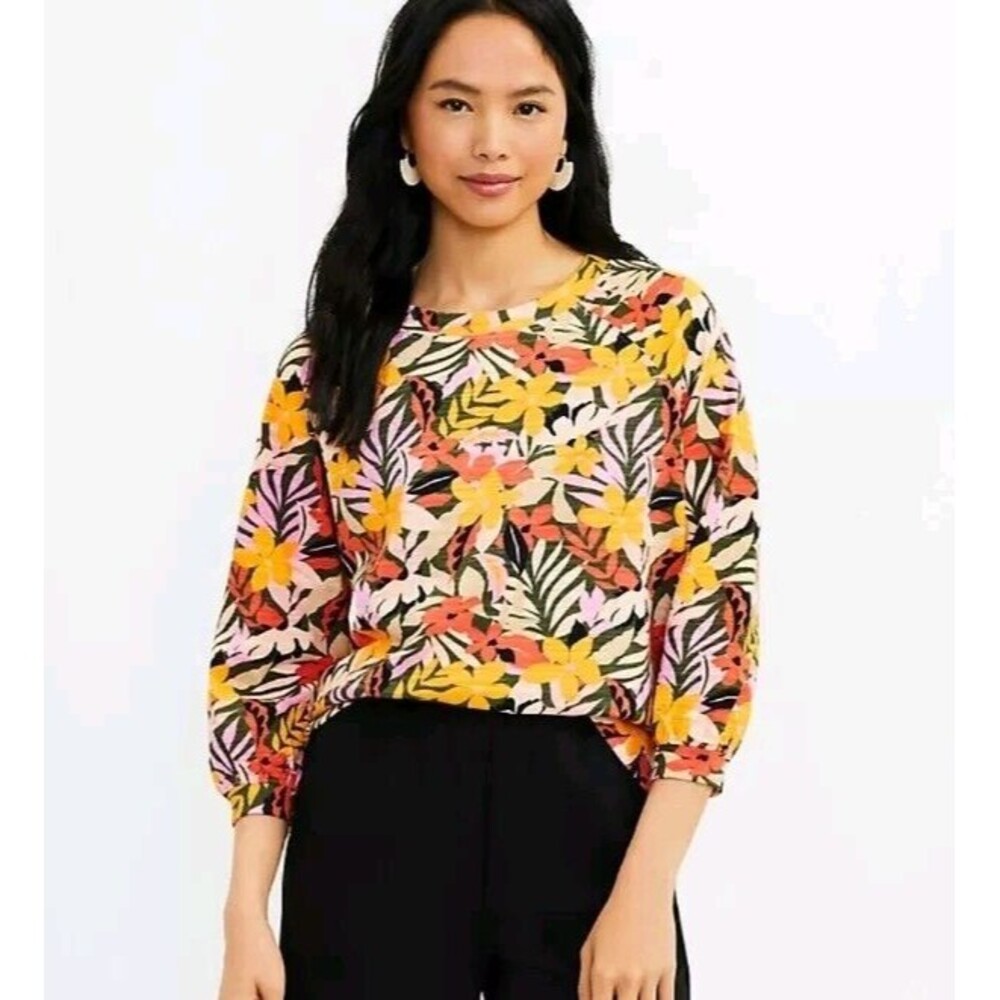 LOFT Tropical Sweatshirt Large Floral Lightweight Colorful Maximalist Terry Knit